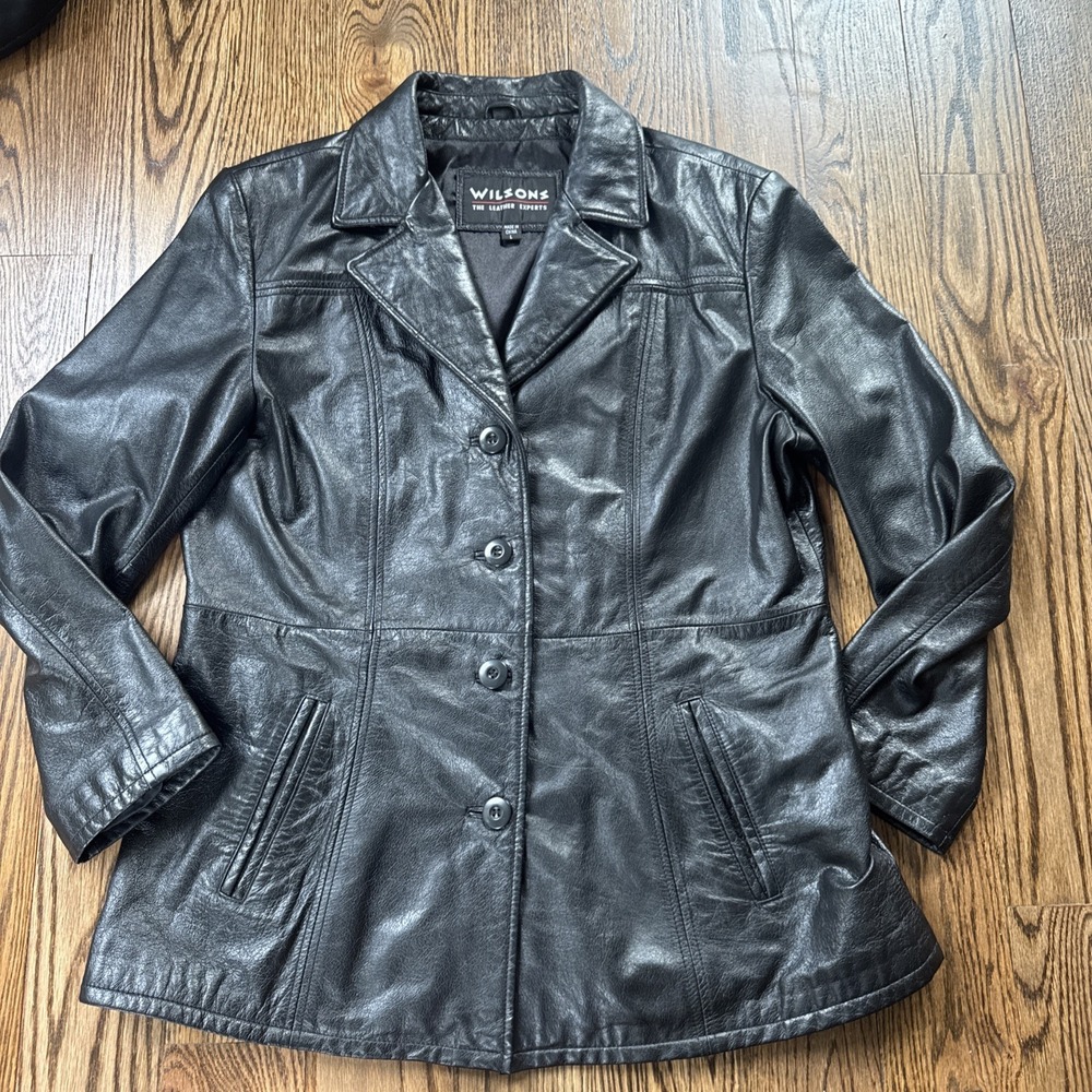 Wilsons Black Leather Button Front Jacket Women's Large L Classic Coat
